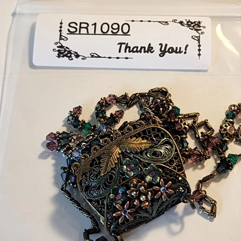 Sweet Romance USA Floral Purse Pendant Necklace Crystal Bead Fringe Victorian